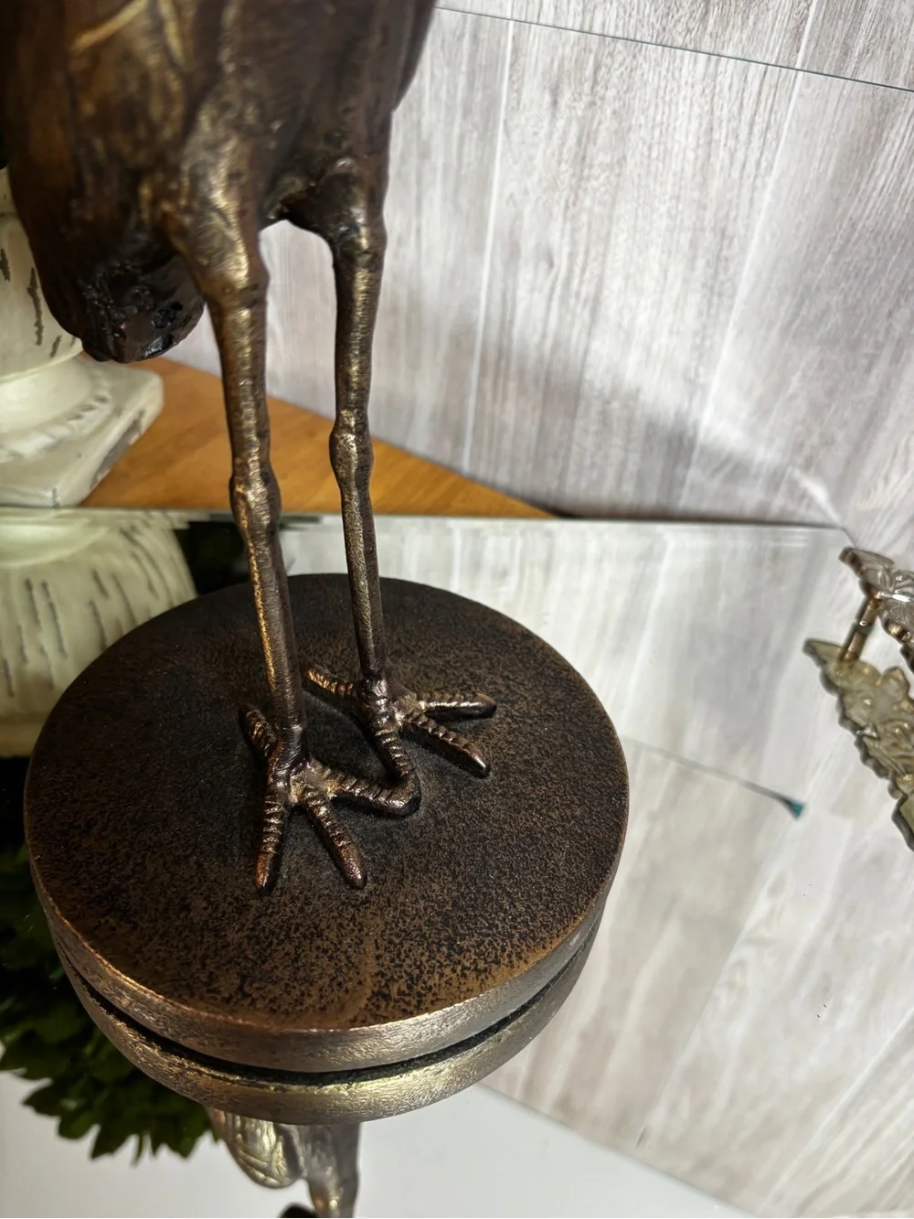 Bronze Finish Standing Crane Statue Brass Accent Bird Sculpture Coastal Home Dec